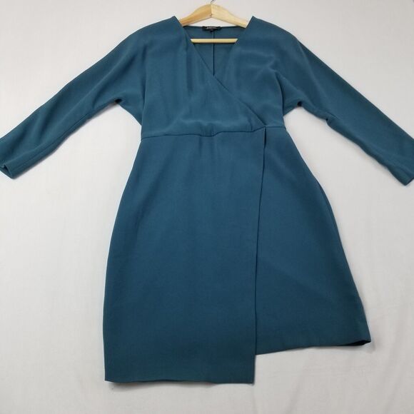 Aritzia Babaton Dress Medium Teal Faux Wrap 3/4 Sleeve Japan V Neck Mini - Picture 7 of 7